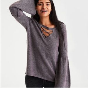 AE STRAPPY-FRONT BELL-SLEEVE SWEATER